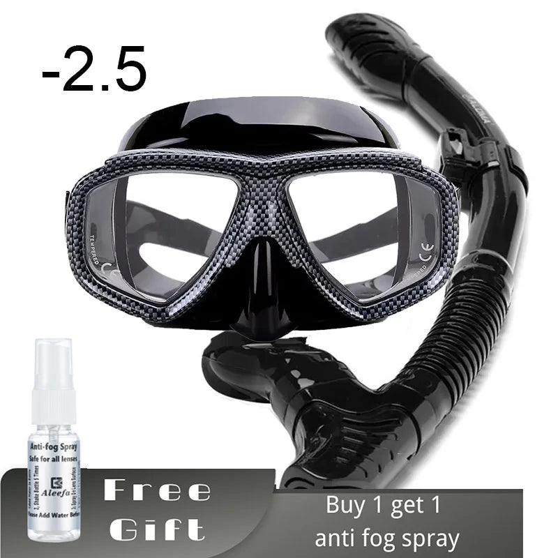Myopia Diving Mask Snorkel Set with anti fog Spray for spearfishing gear swimming masks googles nearsighted lenses short-sighted