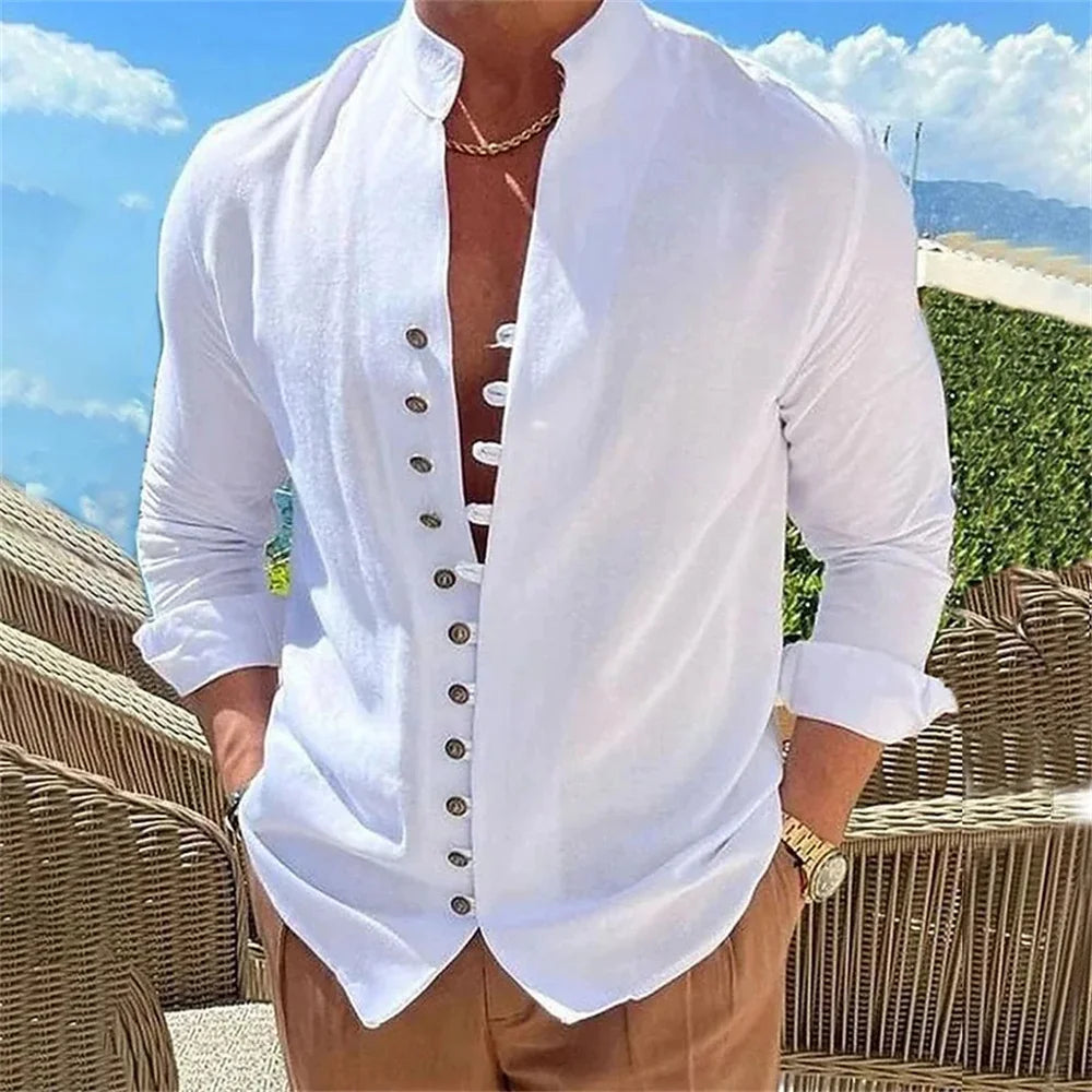 Linen Long-Sleeved Shirts Casual Button Up