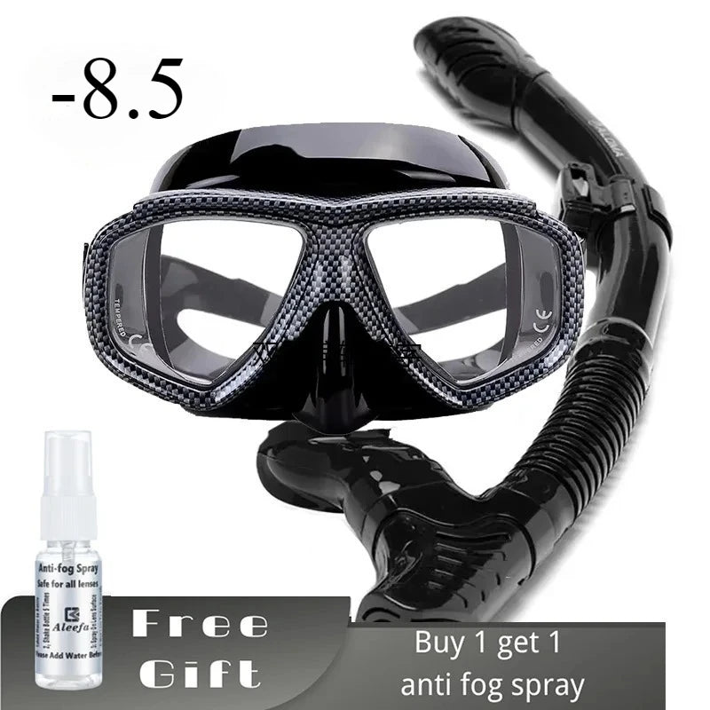 Myopia Diving Mask Snorkel Set with anti fog Spray for spearfishing gear swimming masks googles nearsighted lenses short-sighted