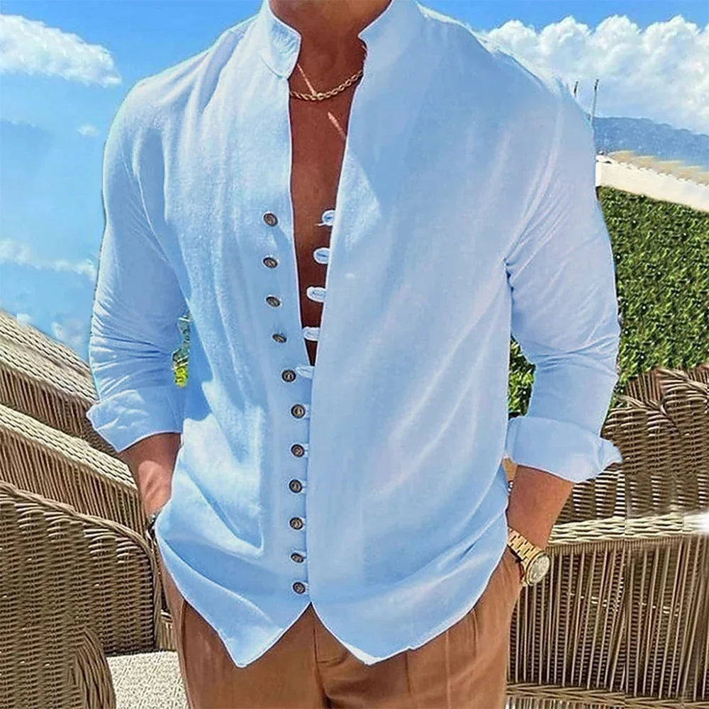 Linen Long-Sleeved Shirts Casual Button Up
