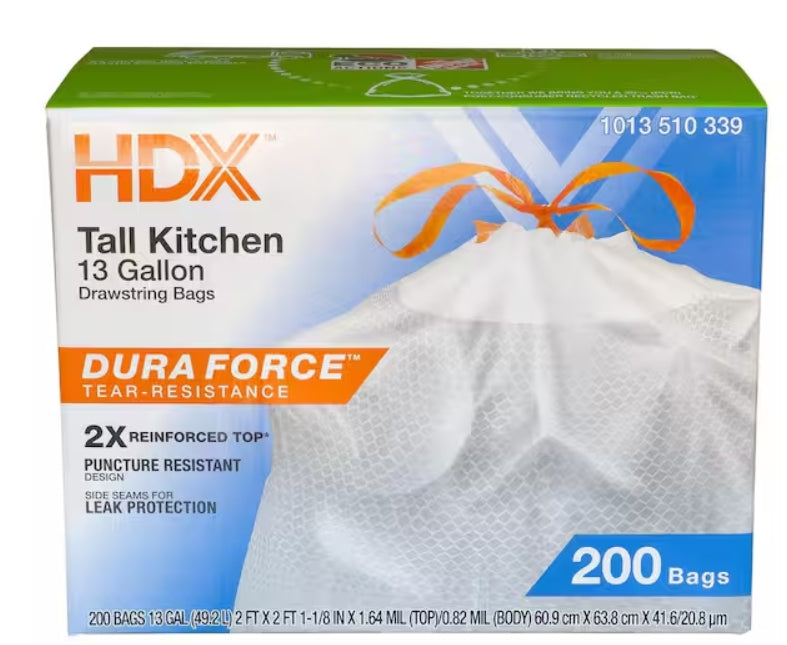 13 Gallon Reinforced Top Drawstring Unscented Kitchen Tall Trash Bags with 20% PCR (200-Count)
