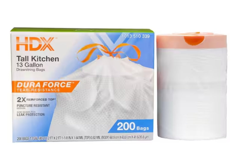 13 Gallon Reinforced Top Drawstring Unscented Kitchen Tall Trash Bags with 20% PCR (200-Count)